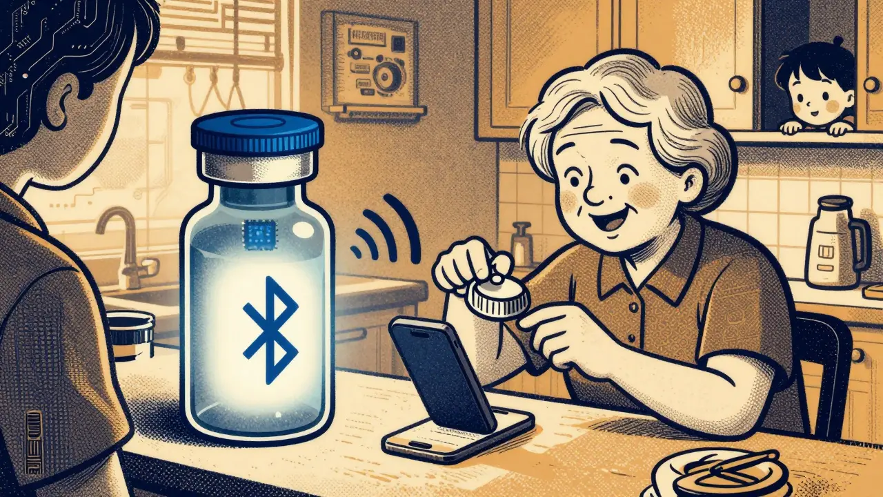 A smart child-resistant cap sends a notification to a phone as an elderly woman easily opens a redesigned cap.