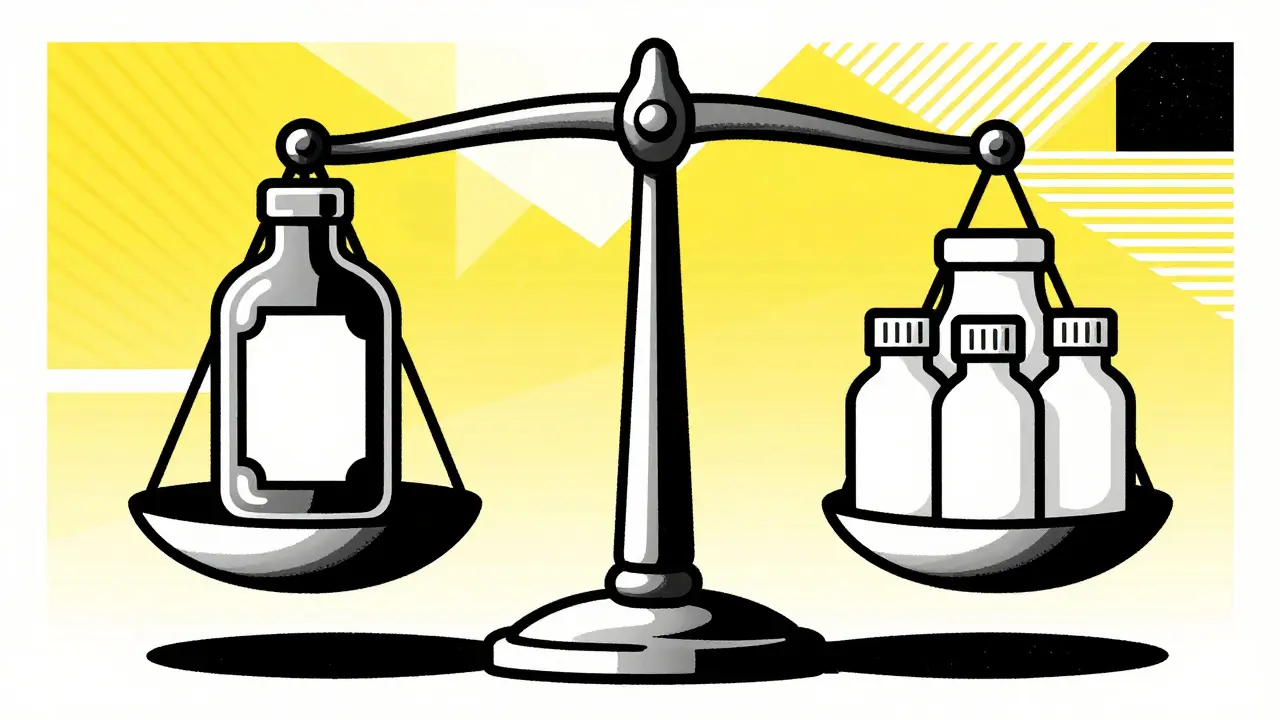 Balanced scale with one premium bottle and stack of generic bottles.