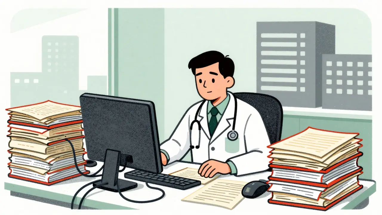 Doctor overwhelmed by paperwork and insurance forms at office desk
