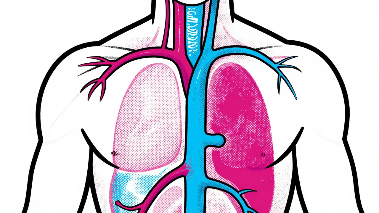 Human silhouette with glowing bloodstream showing merged liquid streams.