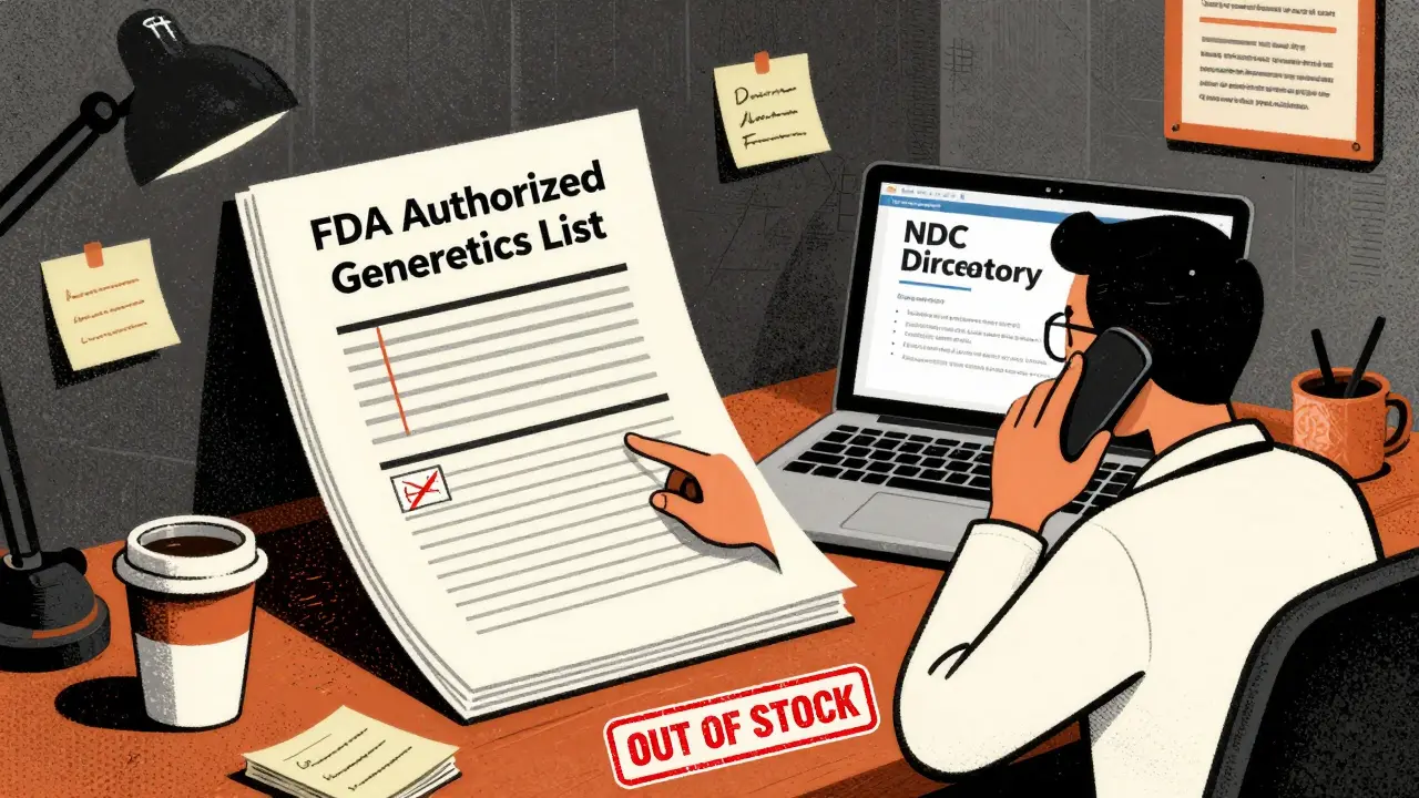 Pharmacist reviewing FDA authorized generics list on laptop while on phone, surrounded by office clutter and 'OUT OF STOCK' stamp.