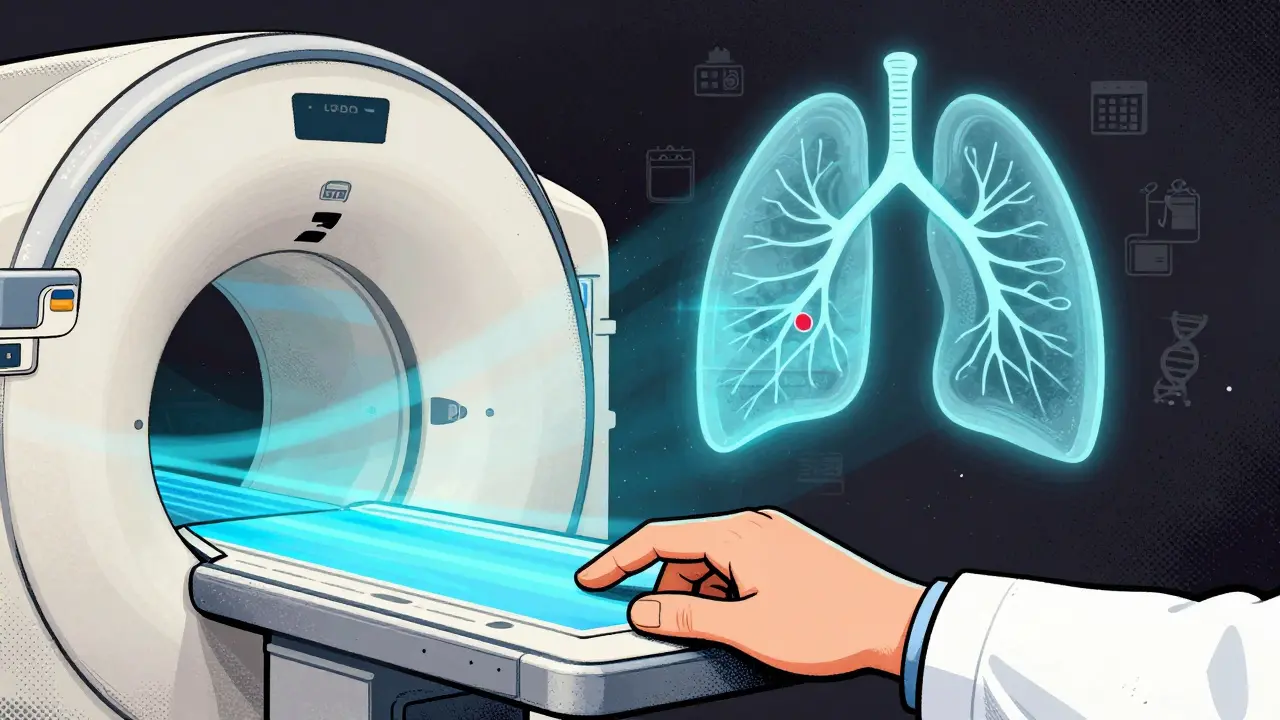 Radiologist adjusting an LDCT machine, with a glowing lung displaying a tiny nodule and medical icons floating nearby.