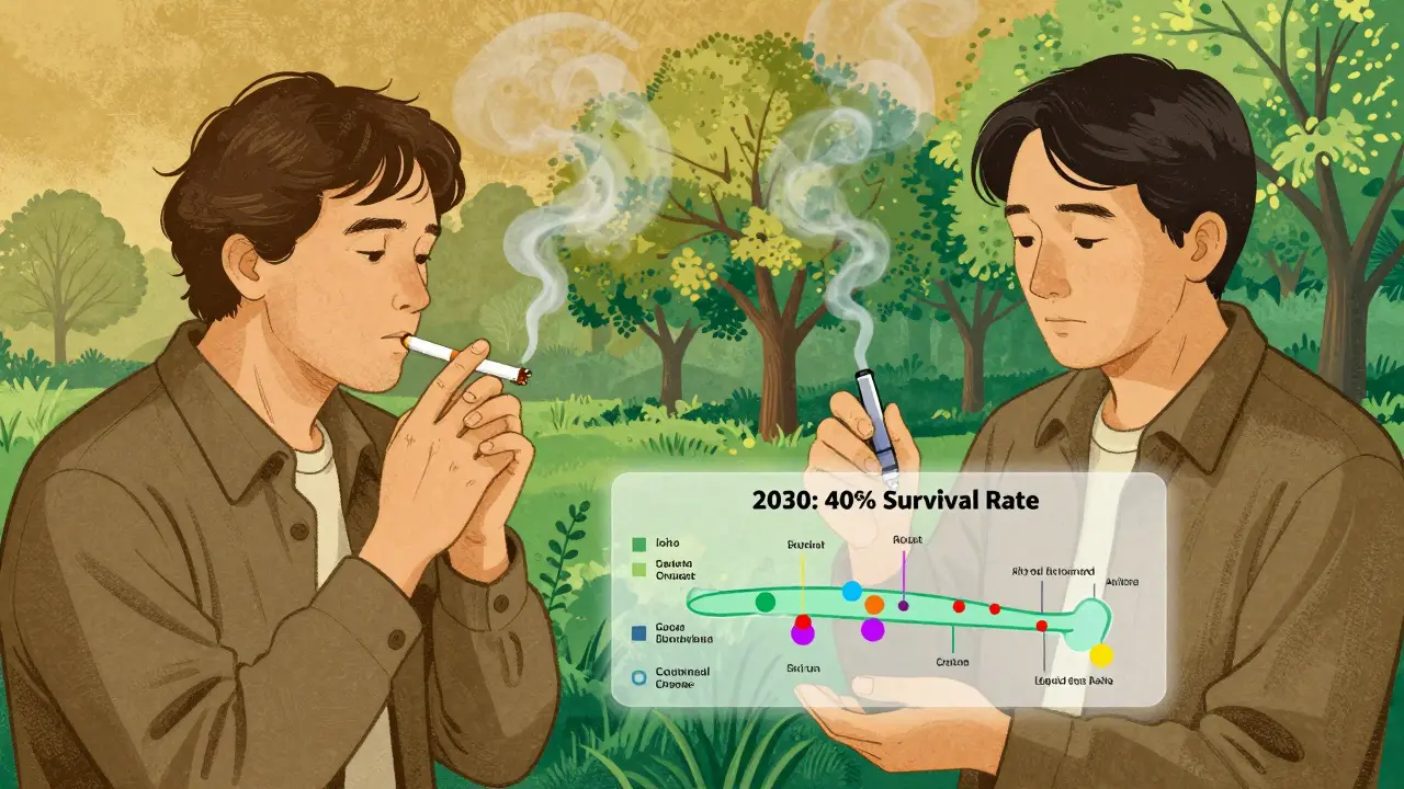 Split scene: past smoker lighting a cigarette vs. same person today getting a blood test, with DNA markers and roadmap overlay.
