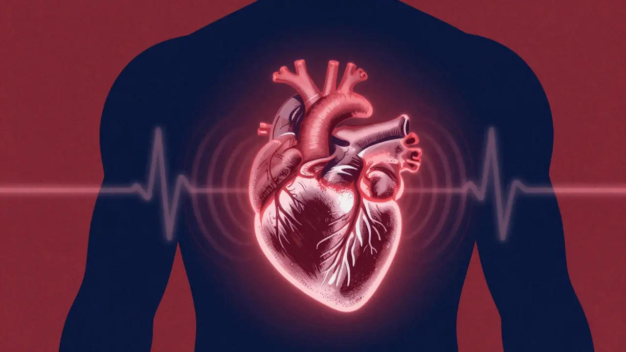 Torso silhouette with glowing heart symbolizing cardiac risks.