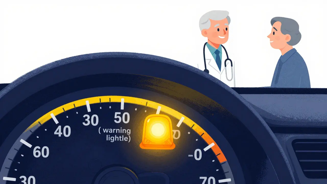 A car dashboard warning light symbolizing cautious medication prescribing for seniors.