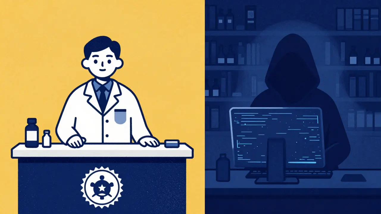 Comparison between a professional licensed pharmacist and a shadowy illegal online seller