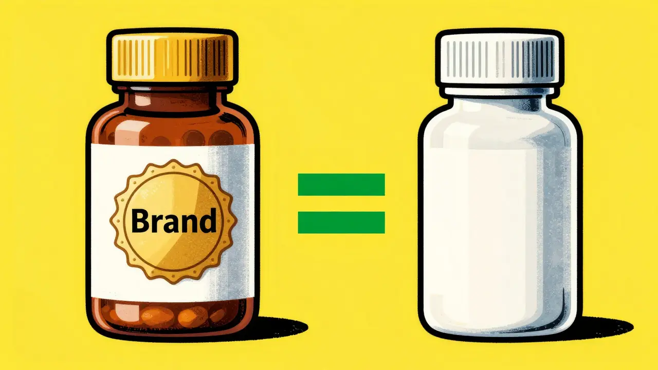 Comparison of brand name and generic medication bottles with an equal sign