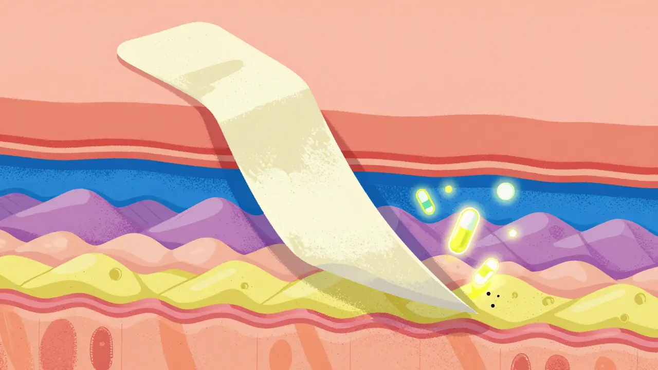 Conceptual image of adhesive tape peeling skin layers to show drug penetration.