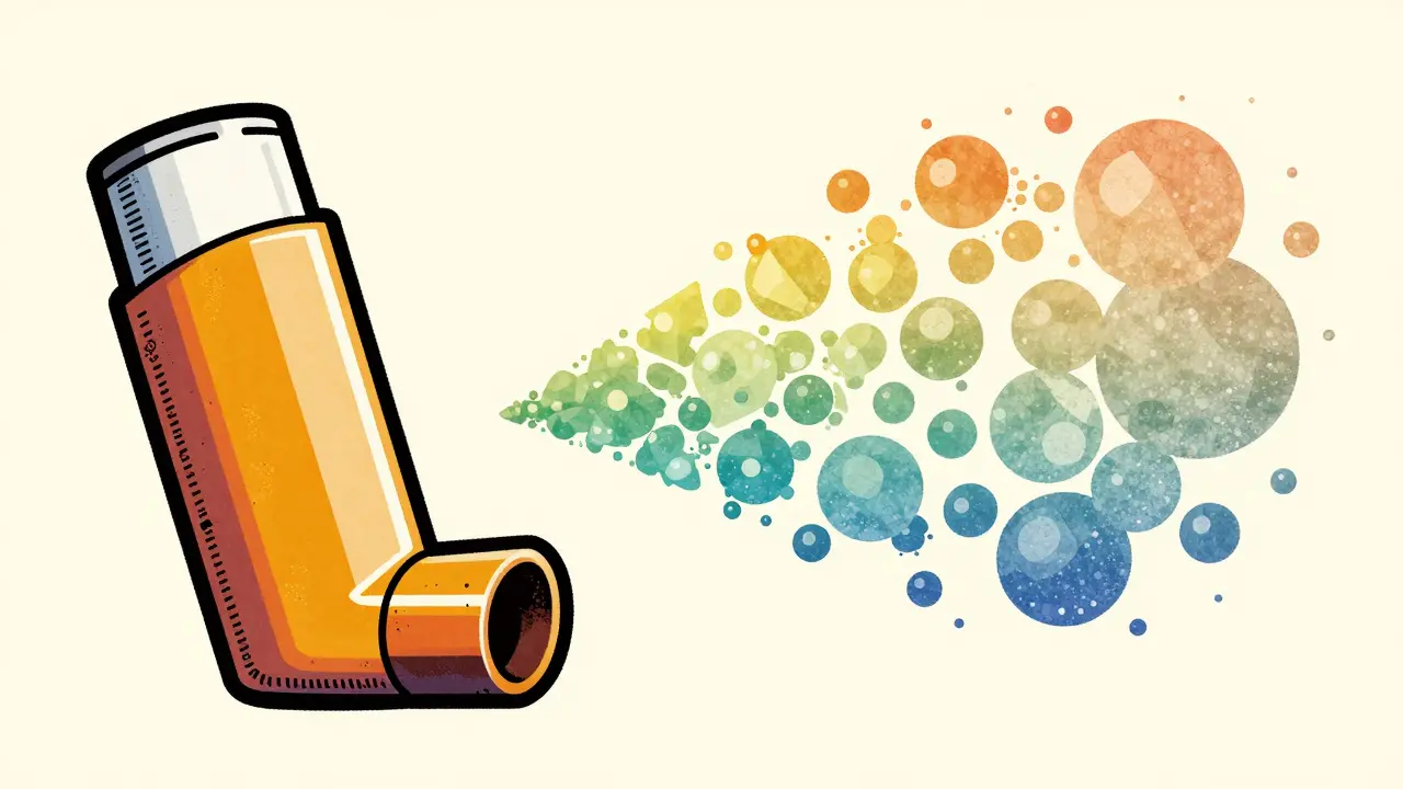 Graphic illustration of an inhaler spraying particles of various sizes.