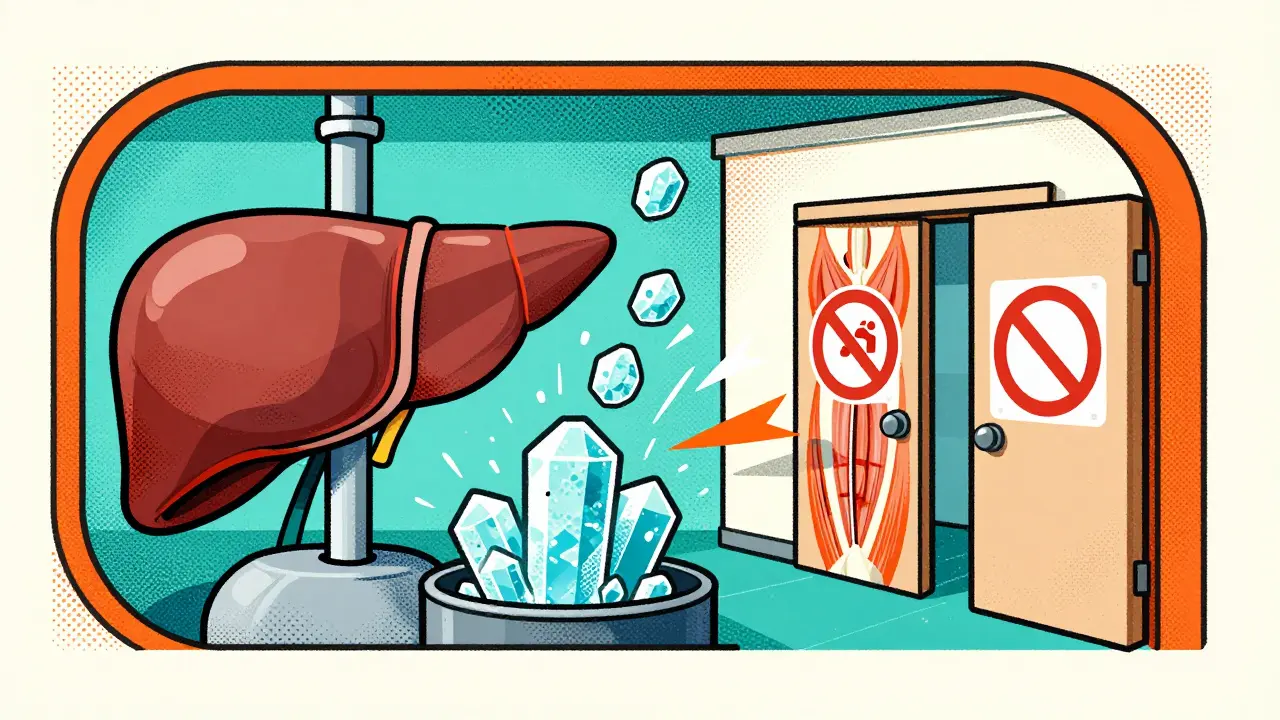 Graphic showing the liver overproducing glucose and muscles resisting it in a screenprint style.