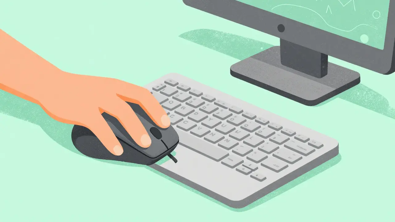 Hand using a vertical mouse and ergonomic keyboard for wrist health