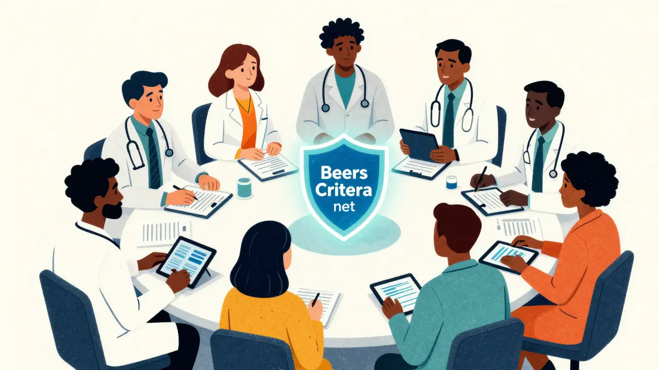 Medical experts collaborating to update the Beers Criteria guidelines around a table.