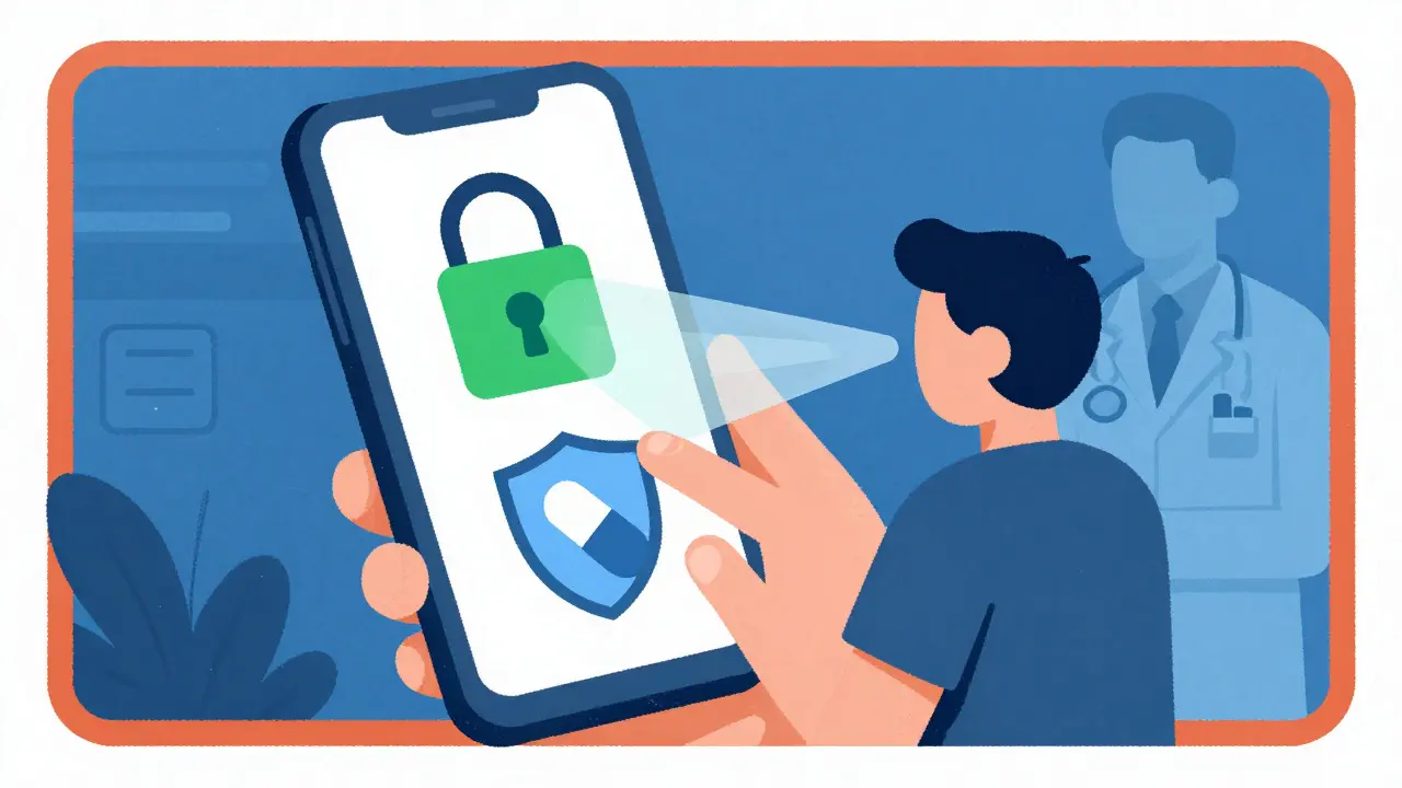 Patient connecting securely to doctor icons