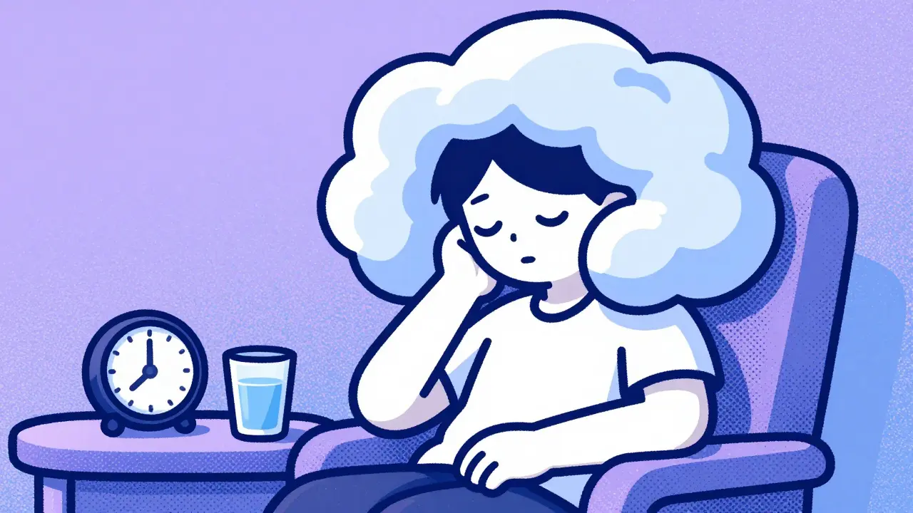Person surrounded by swirling pastel clouds representing mental fog and drowsiness.