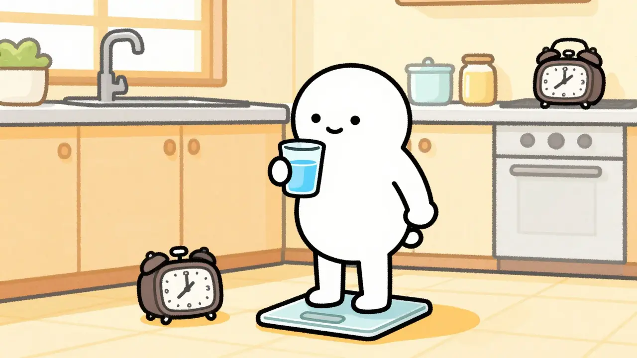 Person taking medication in the morning with an alarm clock and scale.