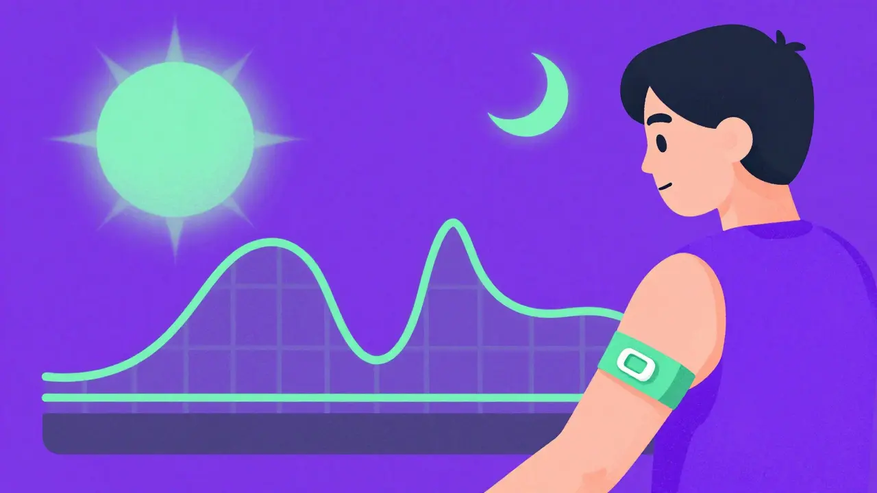 Person using a glucose monitor showing a rollercoaster-like trend of blood sugar levels.