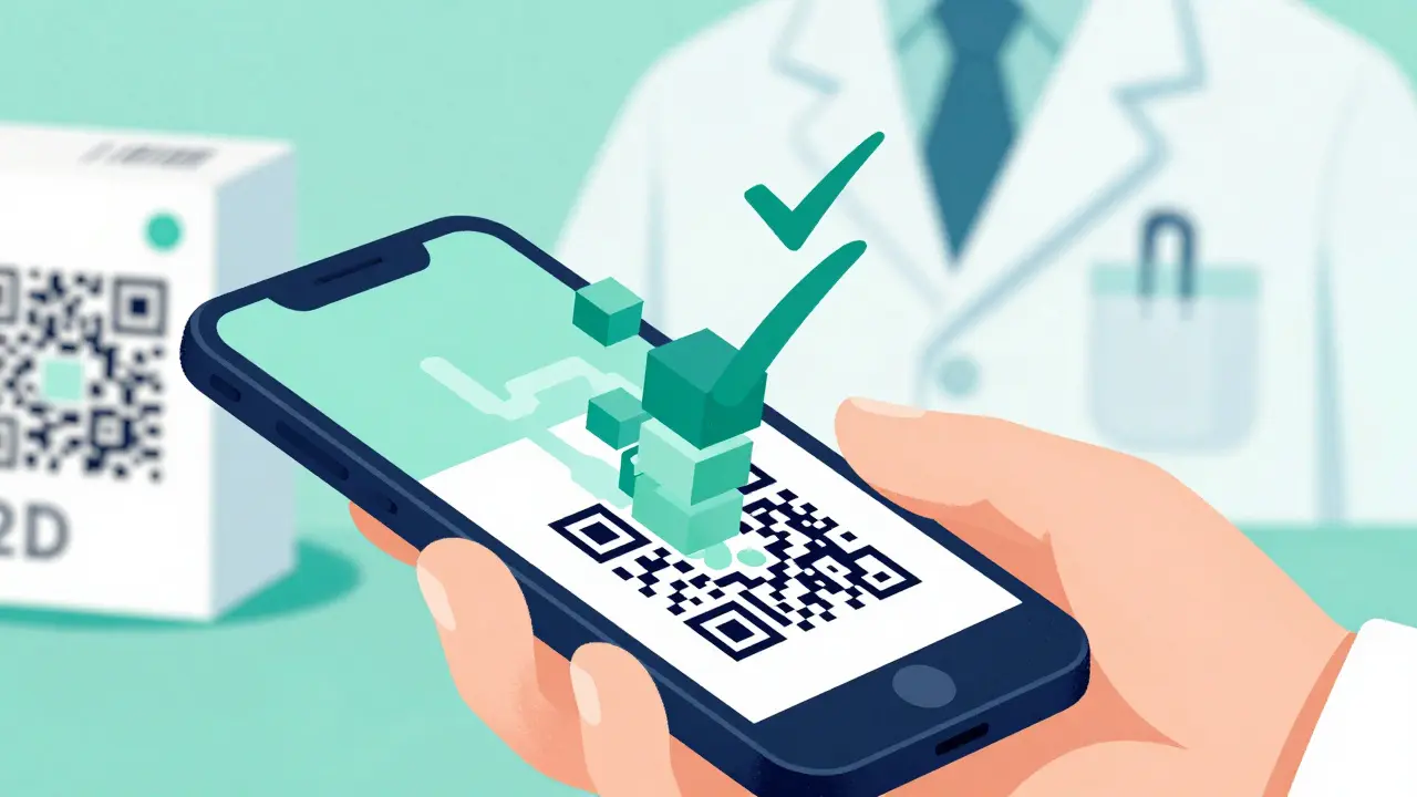 Pharmacist scanning a medicine box QR code with a phone, showing digital blocks