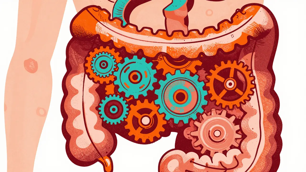 Stylized illustration of digestive gears slowing down to represent constipation.