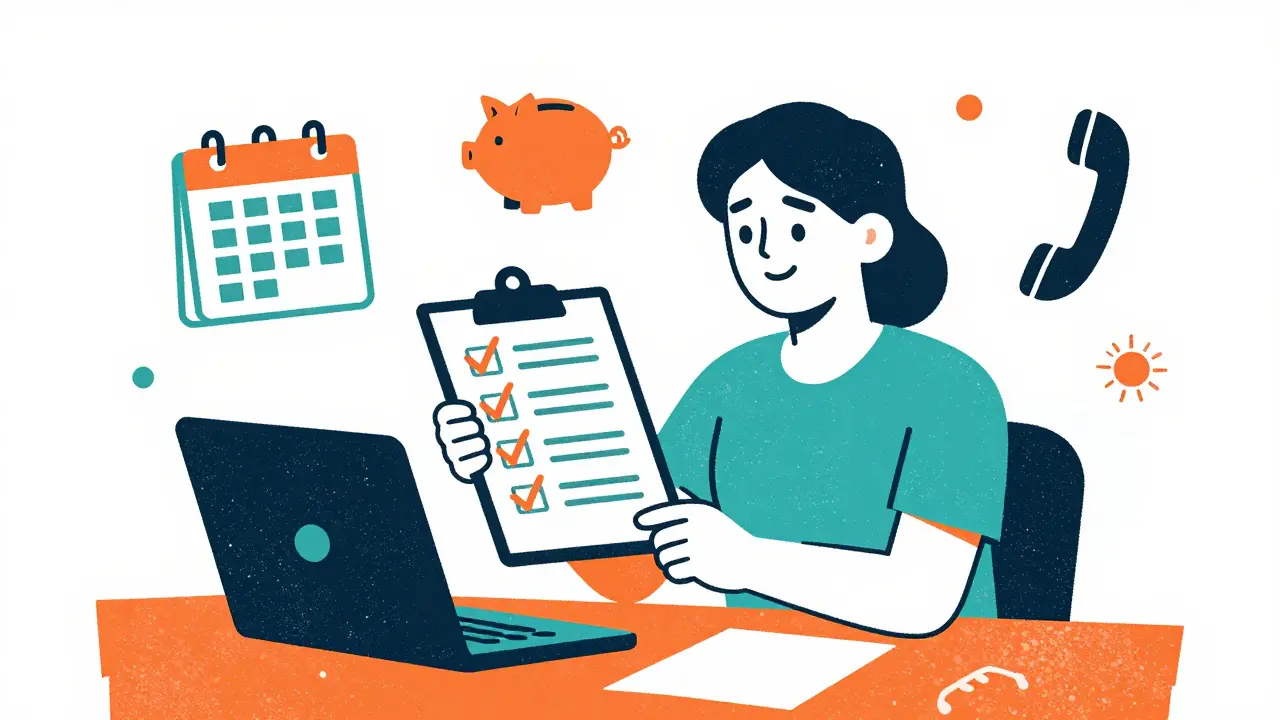 Confident patient reviewing financial plans with safety icons in cartoon style.