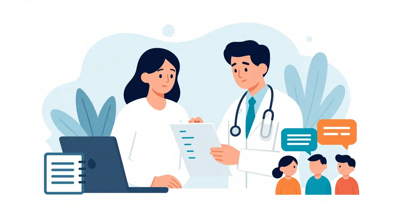Doctor and patient reviewing a treatment plan with calming geometric shapes symbolizing symptom resolution.