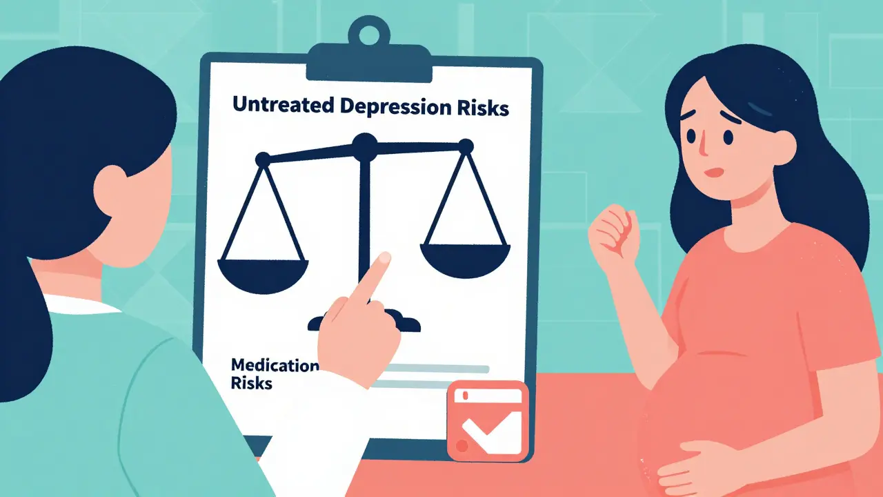 Doctor explaining risk balance to pregnant patient with graphic scale