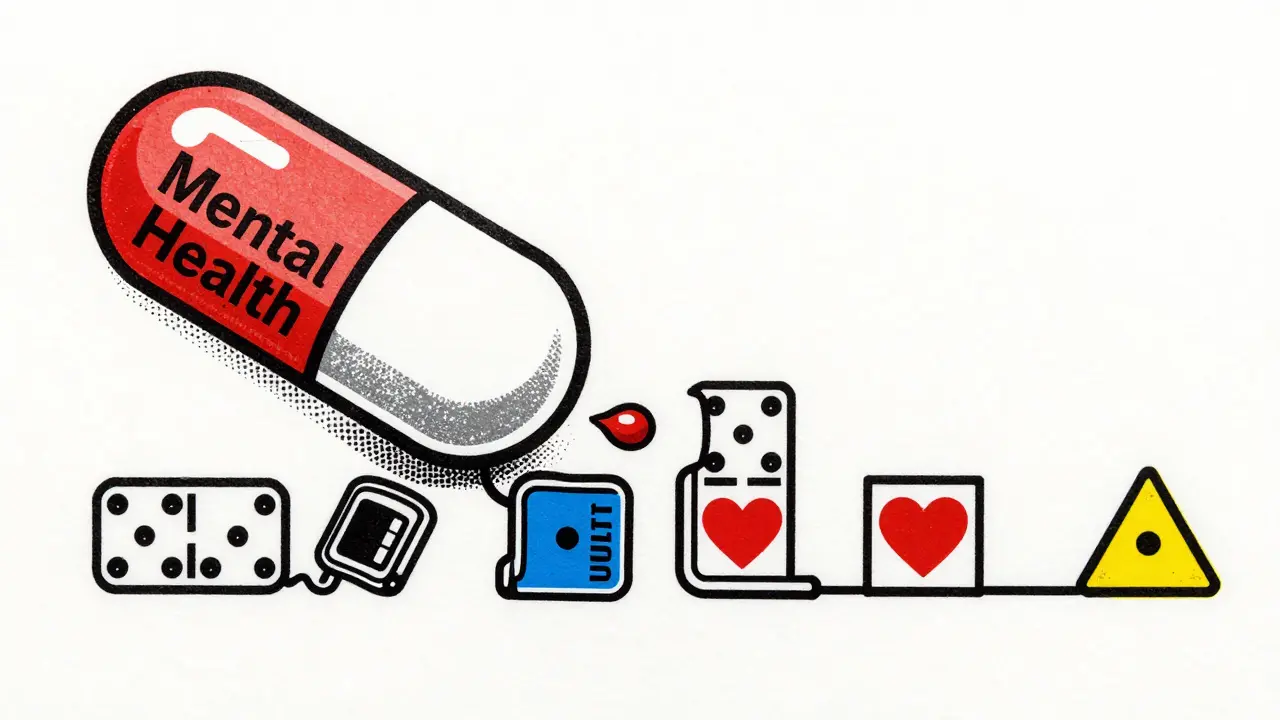 Domino effect of pills falling, symbolizing medication non-adherence consequences