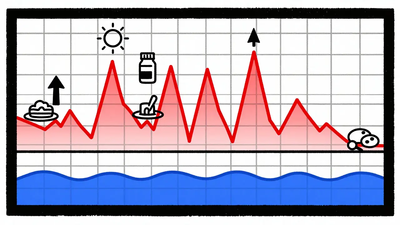 Graph showing blood sugar spiking at midday after morning steroid dose.