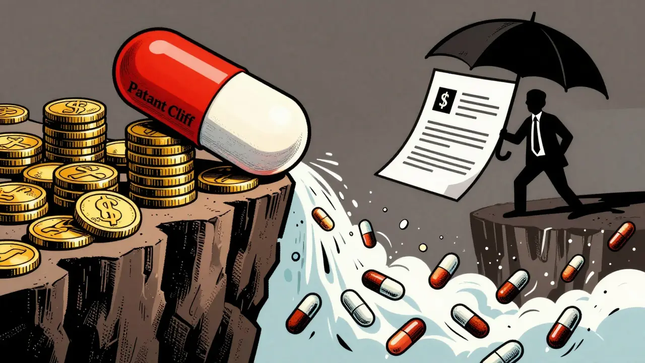 Graphic depiction of the patent cliff with a blockbuster drug losing value to generic competition.