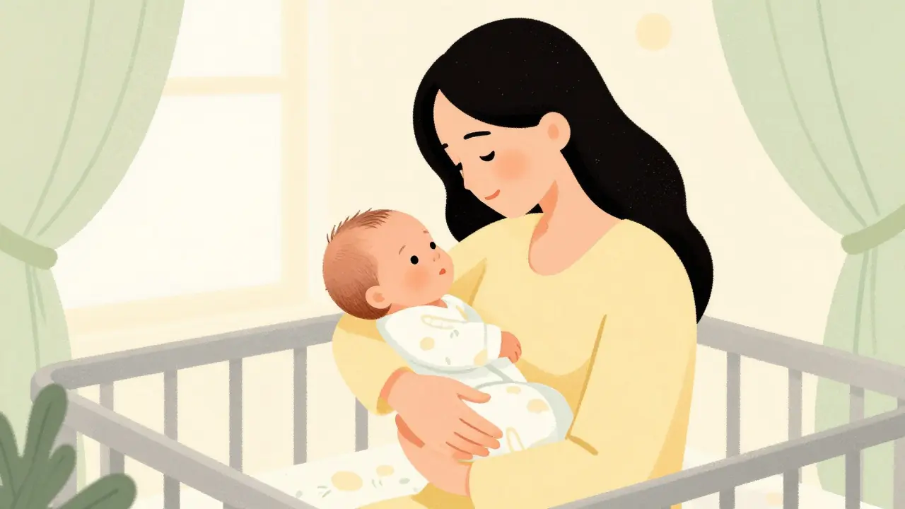 Mother holding newborn baby in a peaceful, sunlit nursery