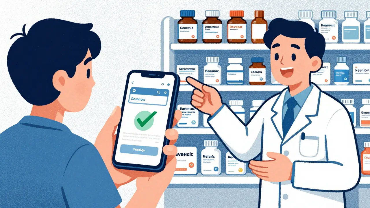 Person checking phone while pharmacist points to generics