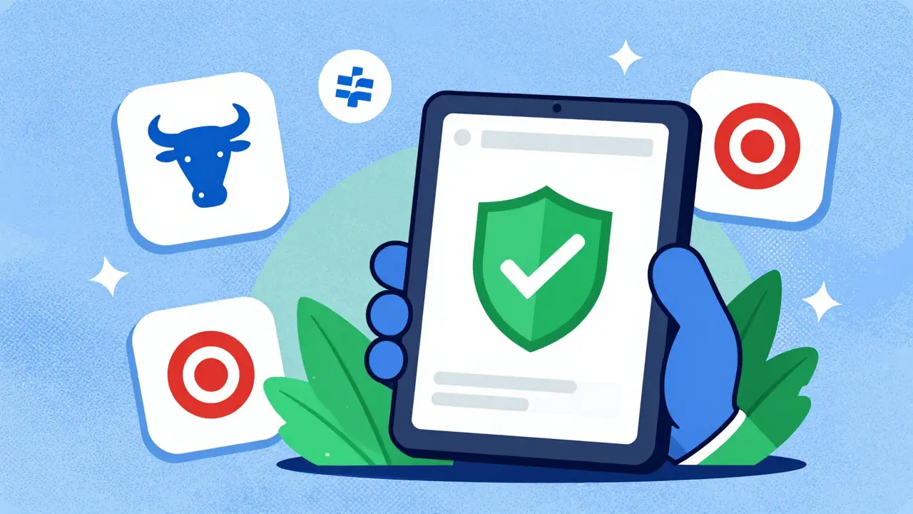 Person holding tablet with safe pharmacy seal icon