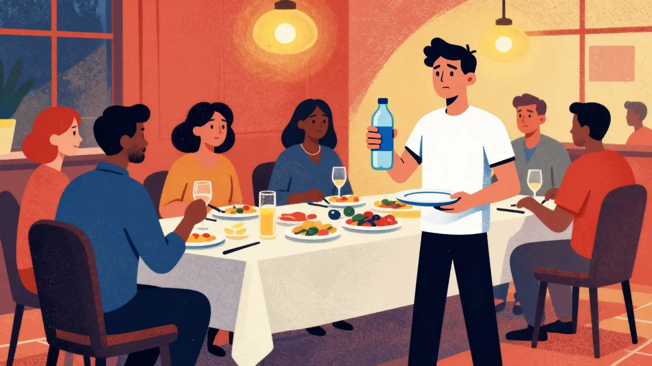 Person standing alone with water while friends eat dinner together