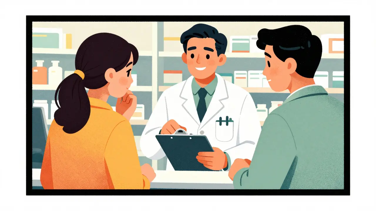Pharmacist advising patient at counter, illustrating supportive care intervention