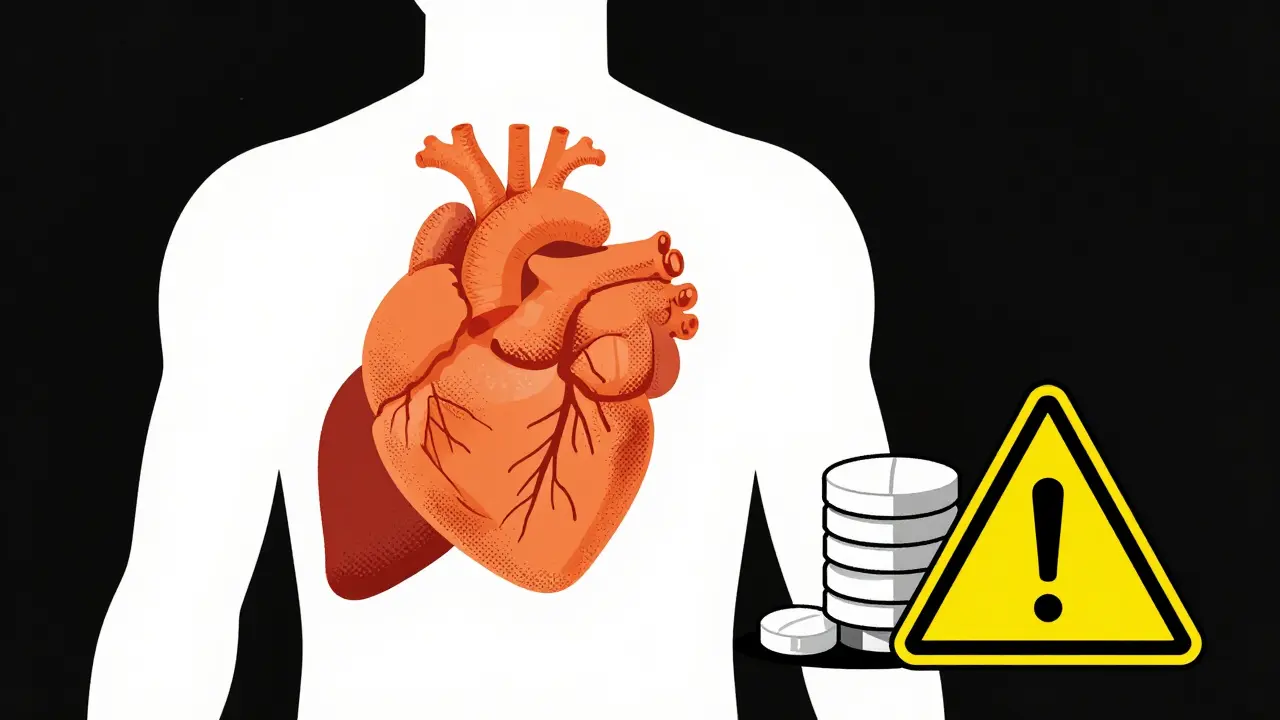 Stylized body organs with pills and warning sign