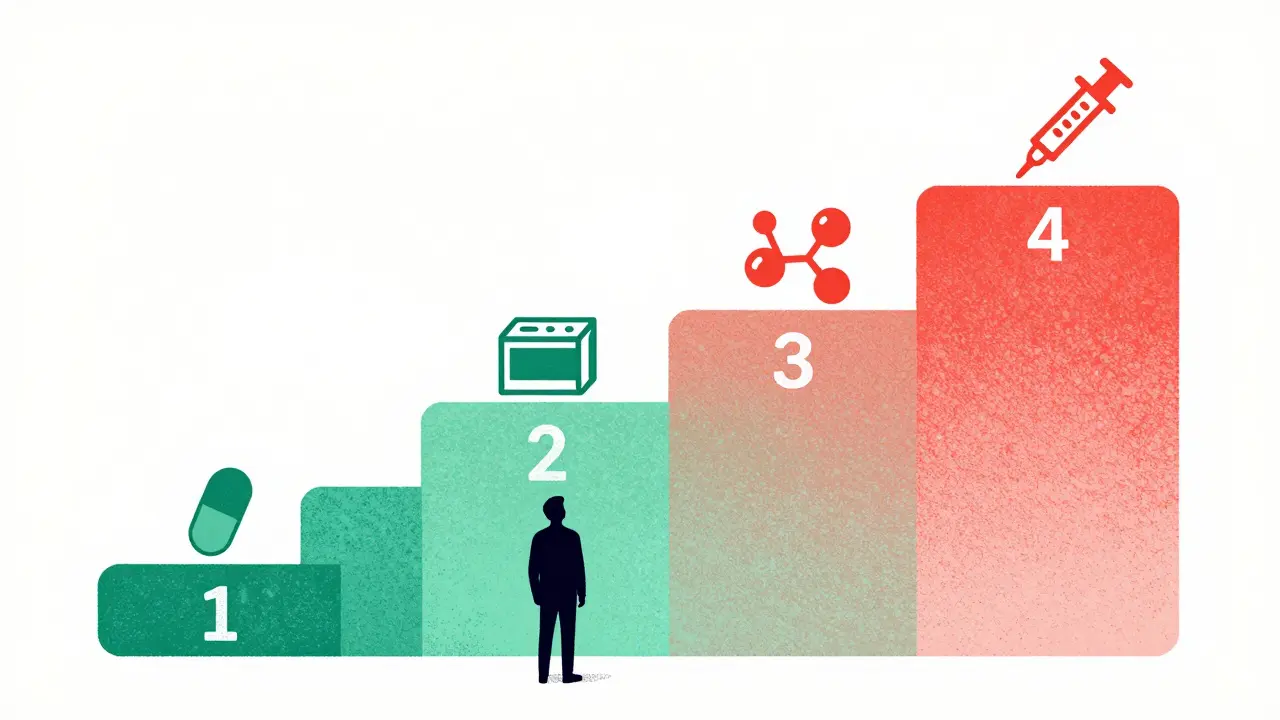Tiered staircase representing drug formulary levels and costs