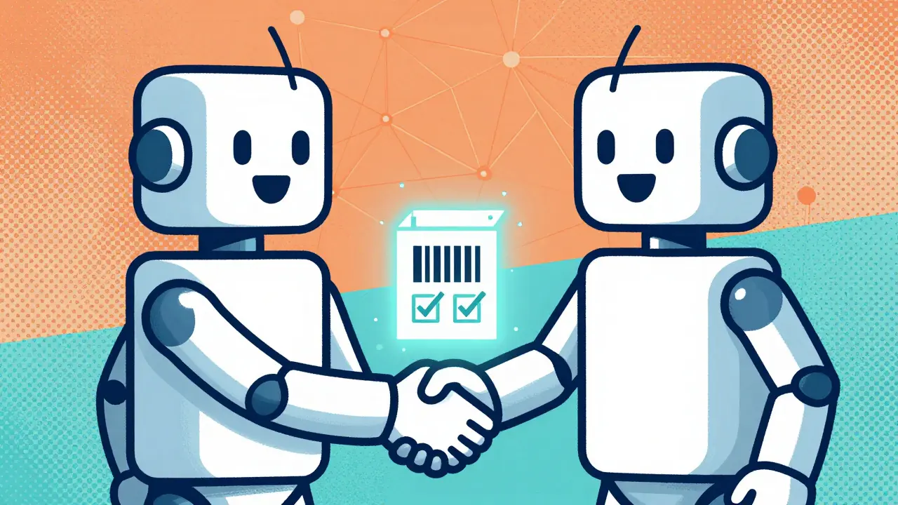 Abstract robots exchanging data packets symbolizing interoperable drug verification systems.