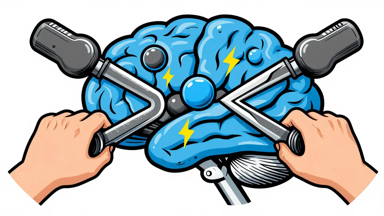 Abstract screenprint art showing drugs blocking dopamine receptors in a stylized brain.