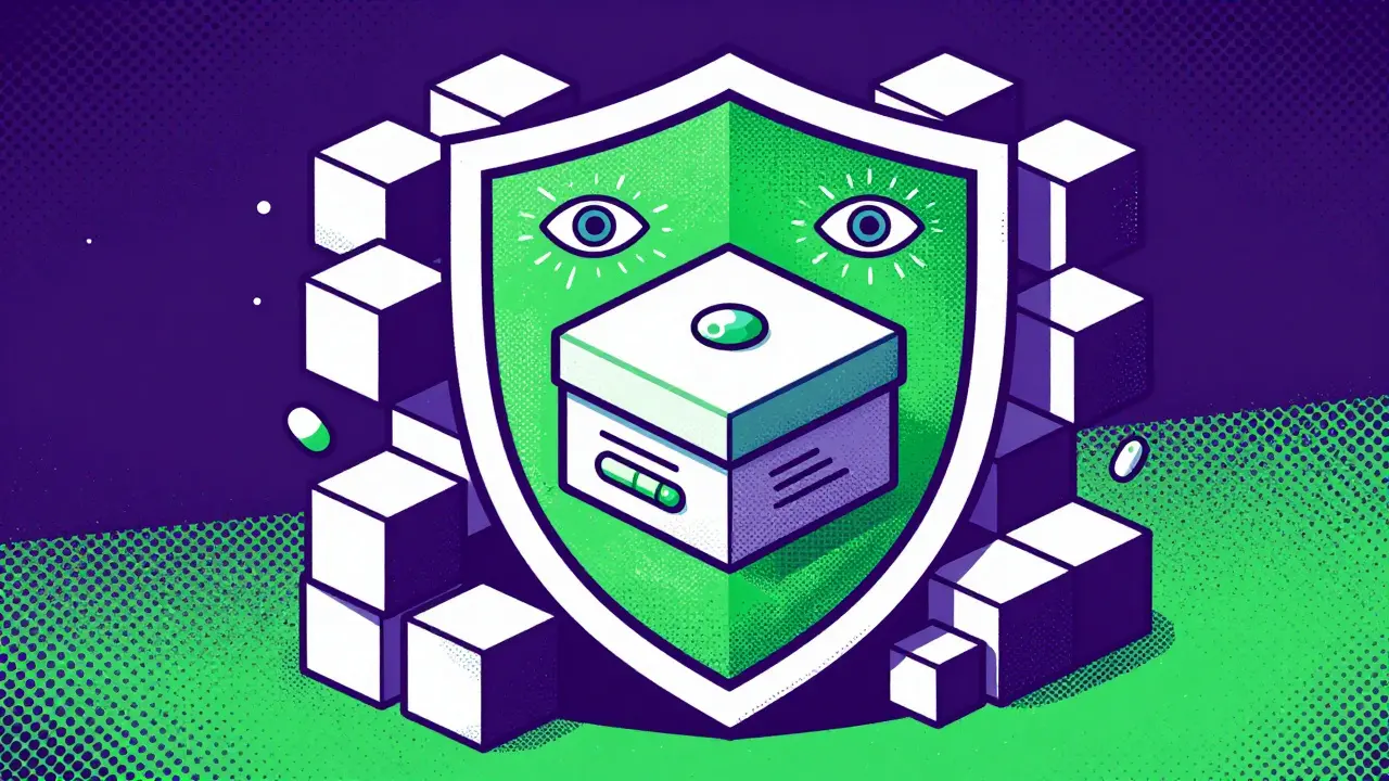 Blockchain shield and AI icons protecting a medicine box in a retro screenprint style.