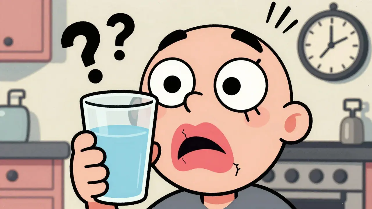 Character with dry mouth and confused expression illustrating anticholinergic side effects.