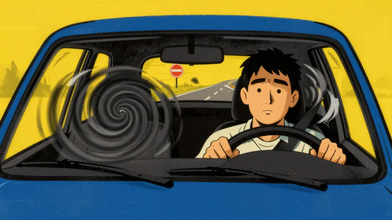 Driver with impaired vision and reaction time representing next-day drowsiness from medication.