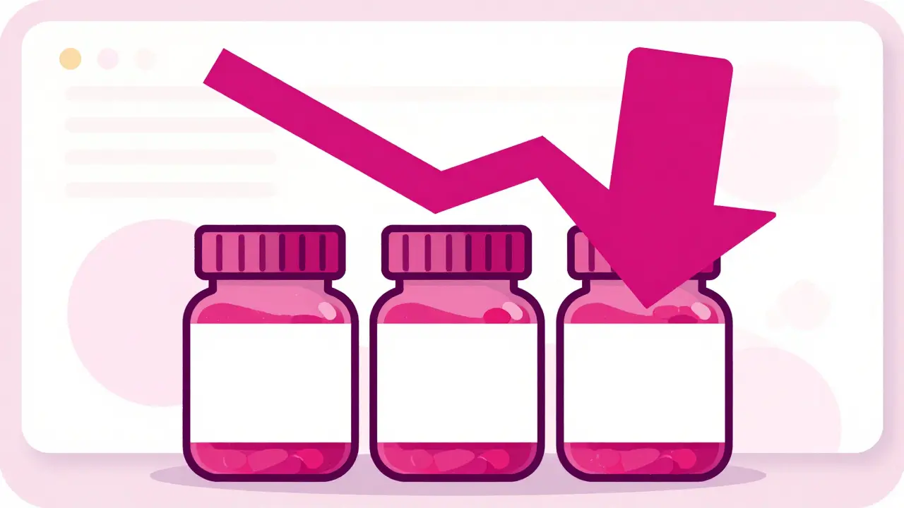 Stacked pill bottles with a price drop arrow