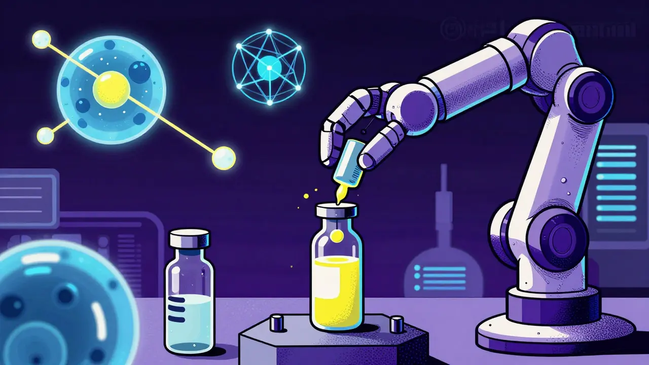 Stylized lab scene depicting high-tech manufacturing of advanced generic medications