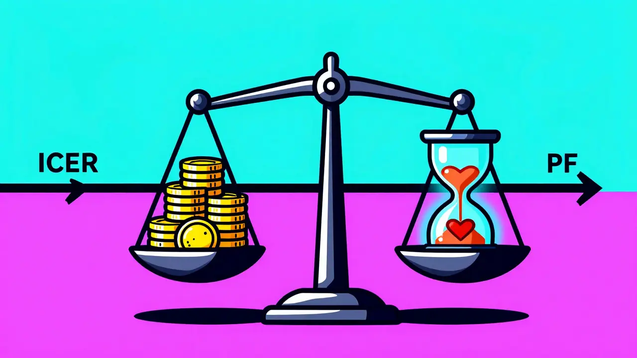 A balanced scale weighing monetary costs against health quality years in a cartoon style
