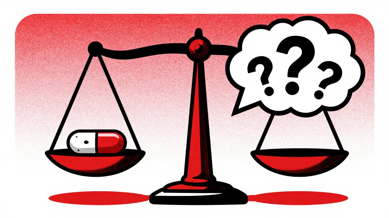 Balance scale weighing pill against risk clouds
