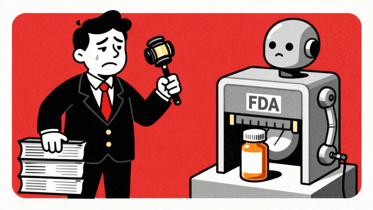 Graphic contrasting a stressed lawyer suing for patents against an automated gate blocking generics for exclusivity.