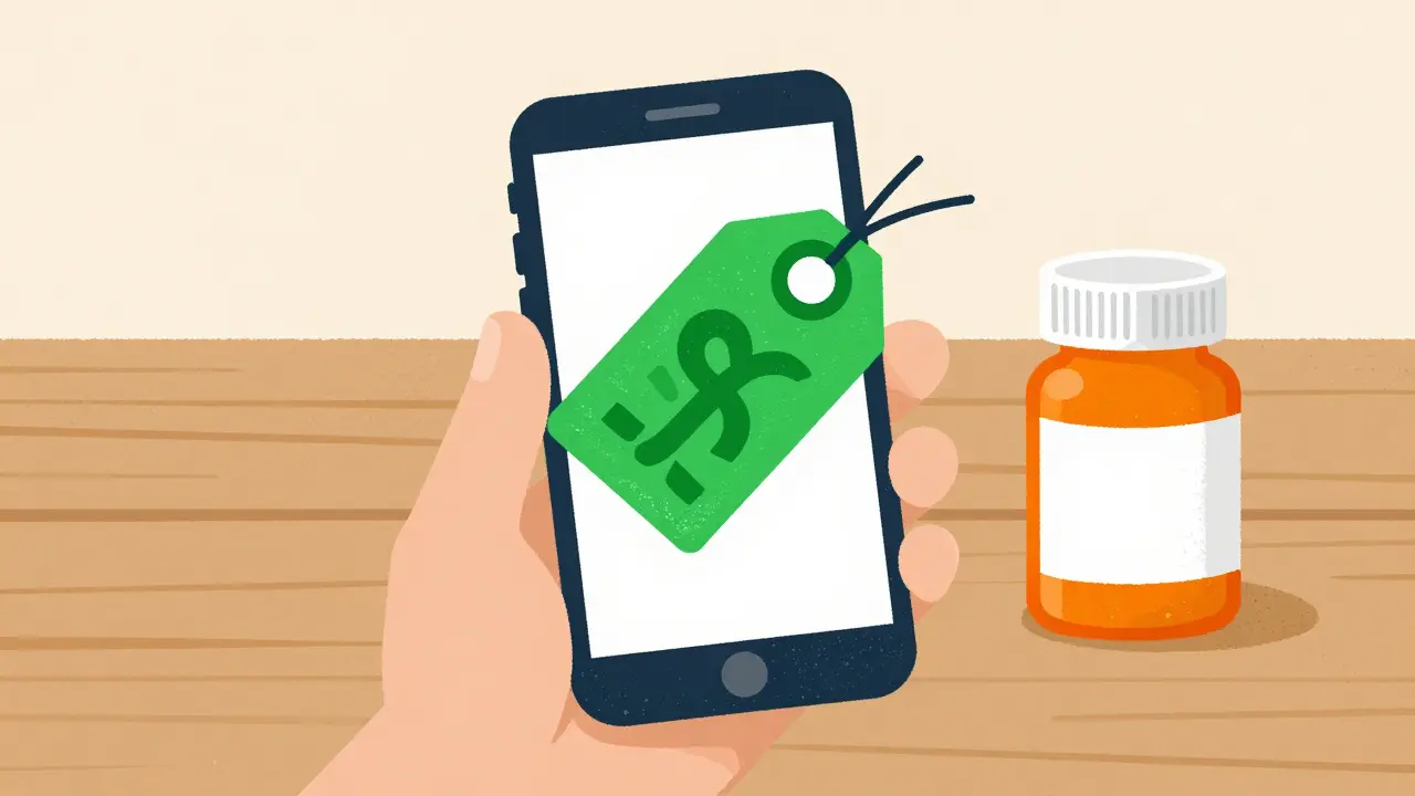 Hand holding phone with discount symbol next to a pill bottle on a table