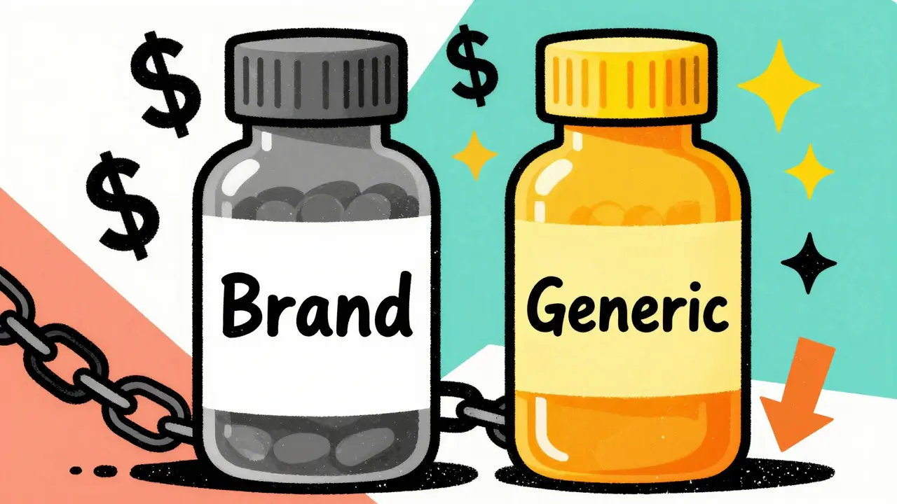 Illustration comparing expensive brand name pills to cheap generics