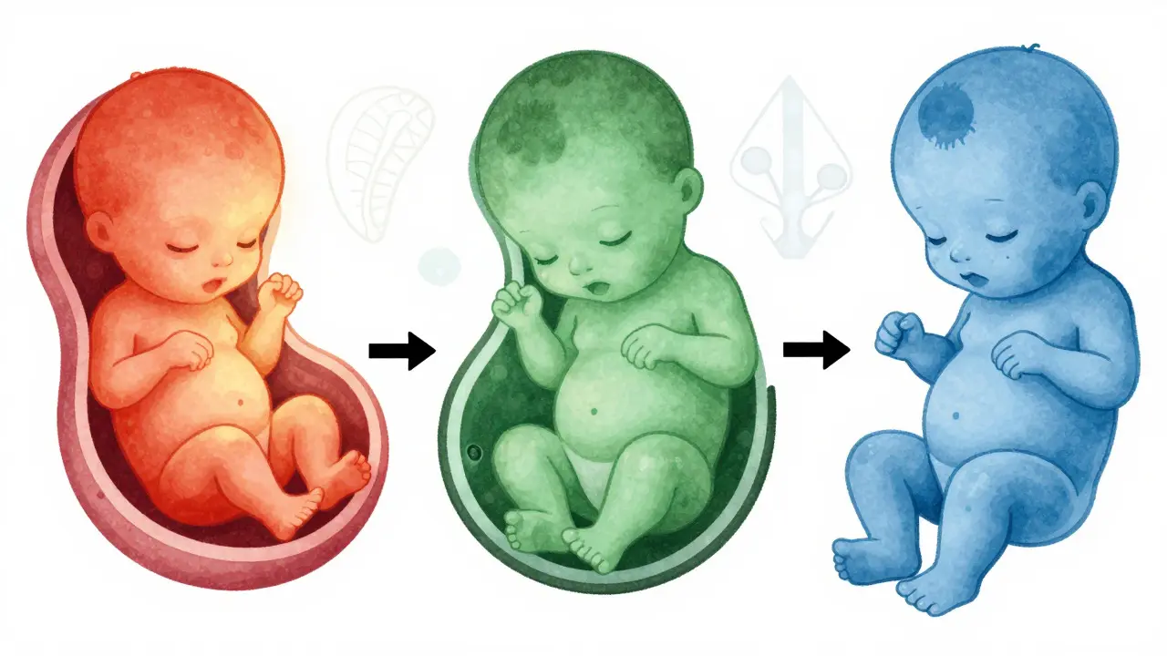 Illustration of fetal development stages across three trimesters