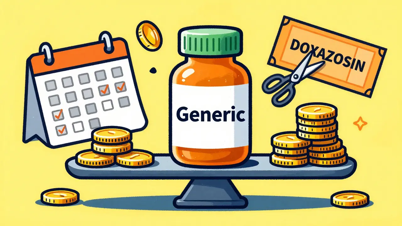 Illustration of generic pills, coins, and coupons symbolizing cost savings