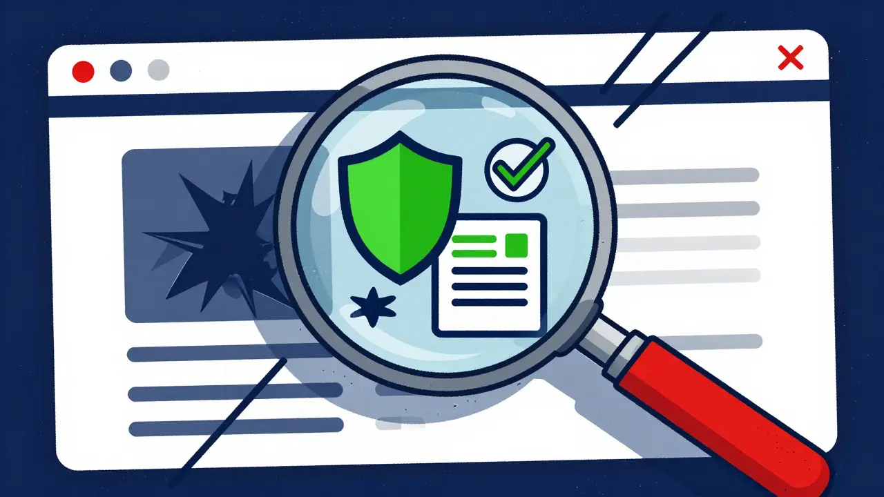 Magnifying glass verifying safe online pharmacy credentials